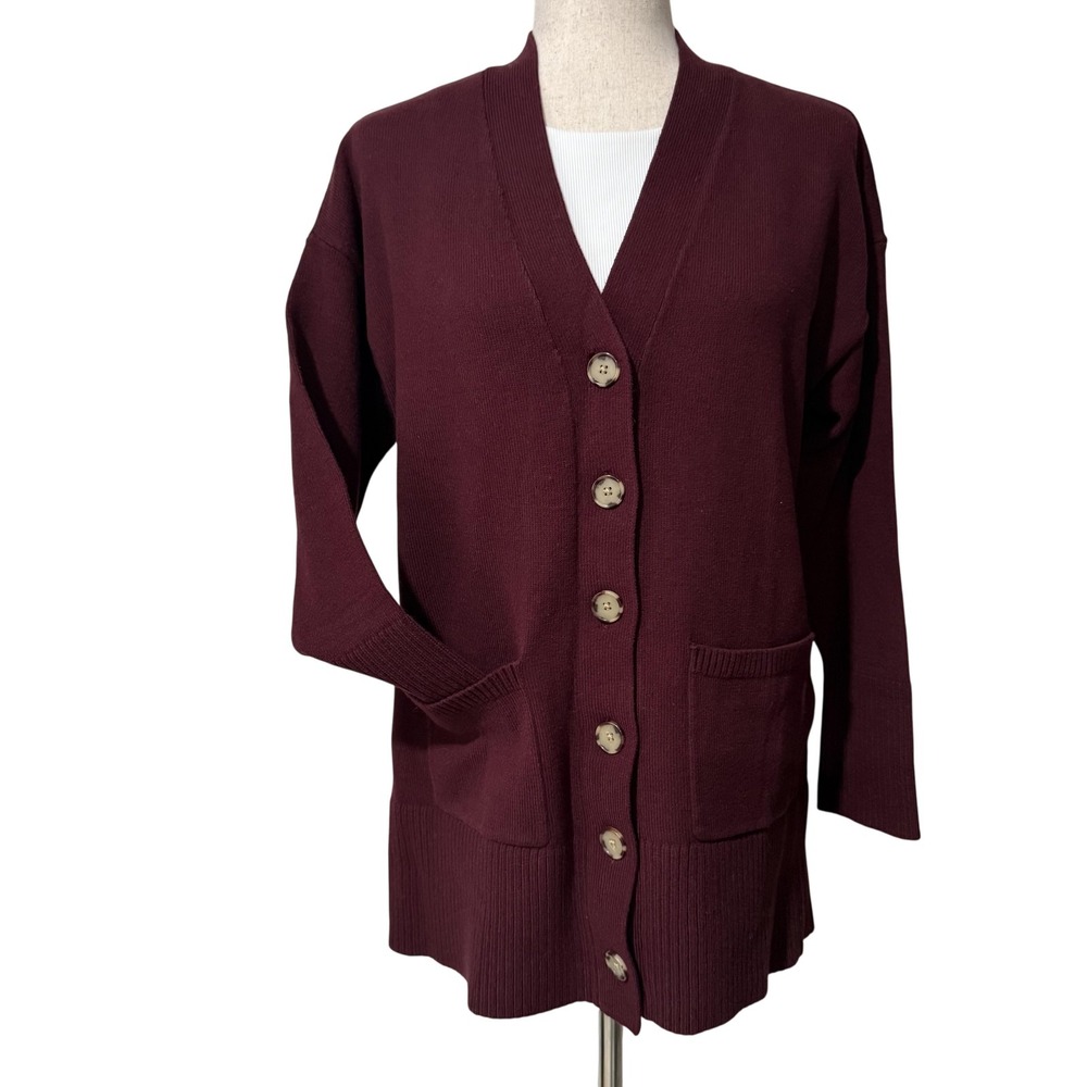 LOFT Cardigan Sweater Womens Small Burgundy Button Front Pockets Layering Preppy